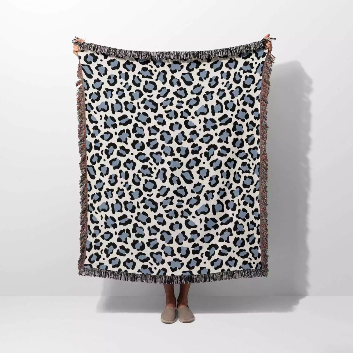 Leopard Print Black and Light Blue Woven Throw Blanket and Tapestry - DesignerOllie.com