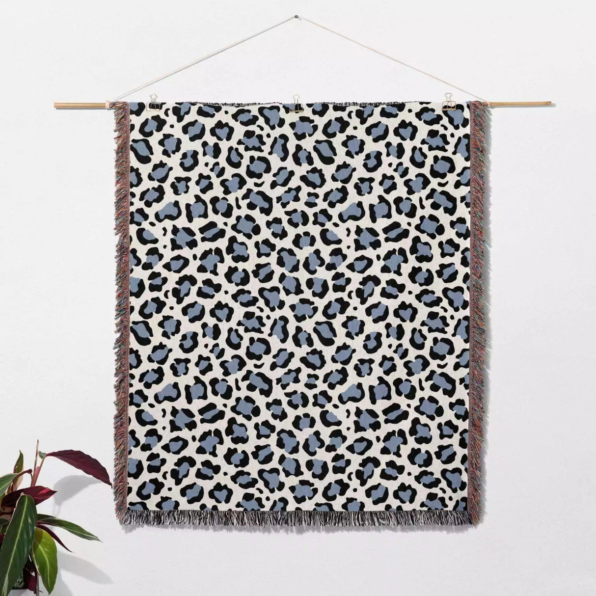 Leopard Print Black and Light Blue Woven Throw Blanket and Tapestry - DesignerOllie.com