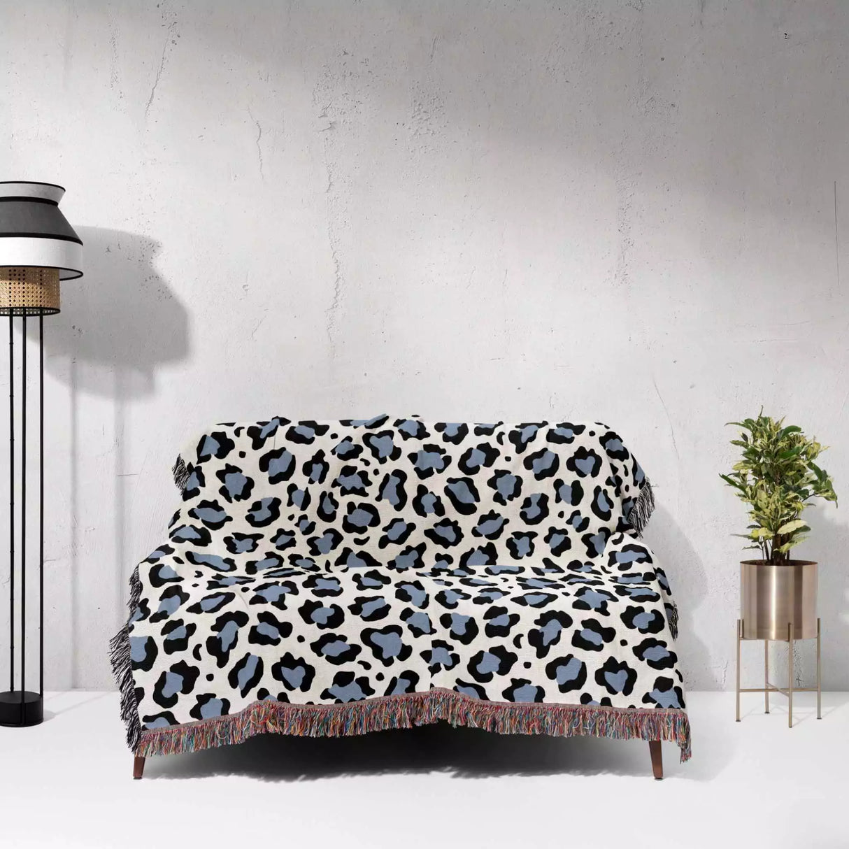 Leopard Print Black and Light Blue Woven Throw Blanket and Tapestry - DesignerOllie.com