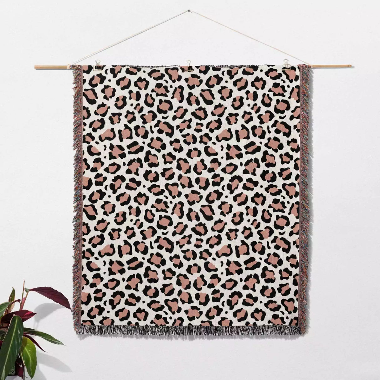 Leopard Print Black and Light Red Woven Throw Blanket and Tapestry - DesignerOllie.com