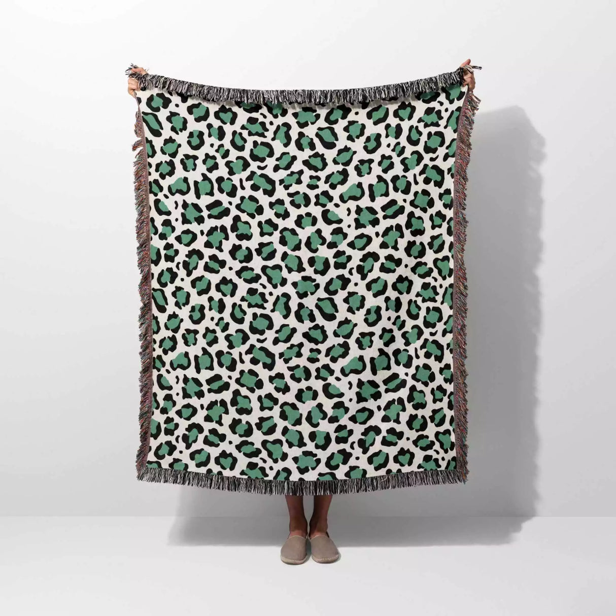 Leopard Print Woven Black and Light Green Throw Blanket and Tapestry - DesignerOllie.com