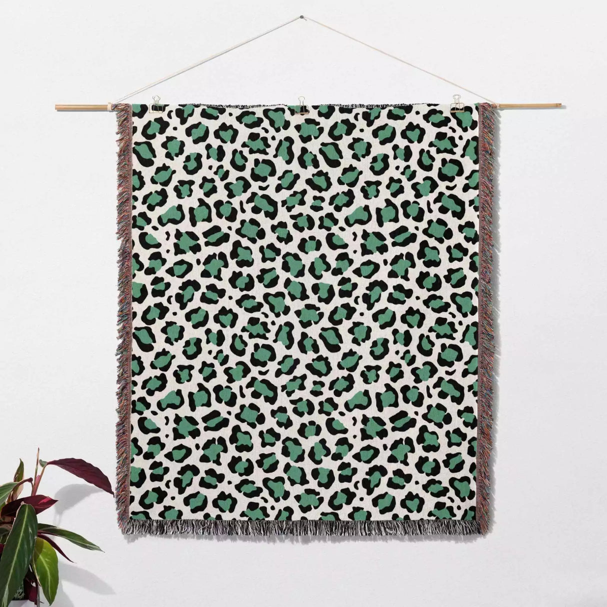 Leopard Print Woven Black and Light Green Throw Blanket and Tapestry - DesignerOllie.com