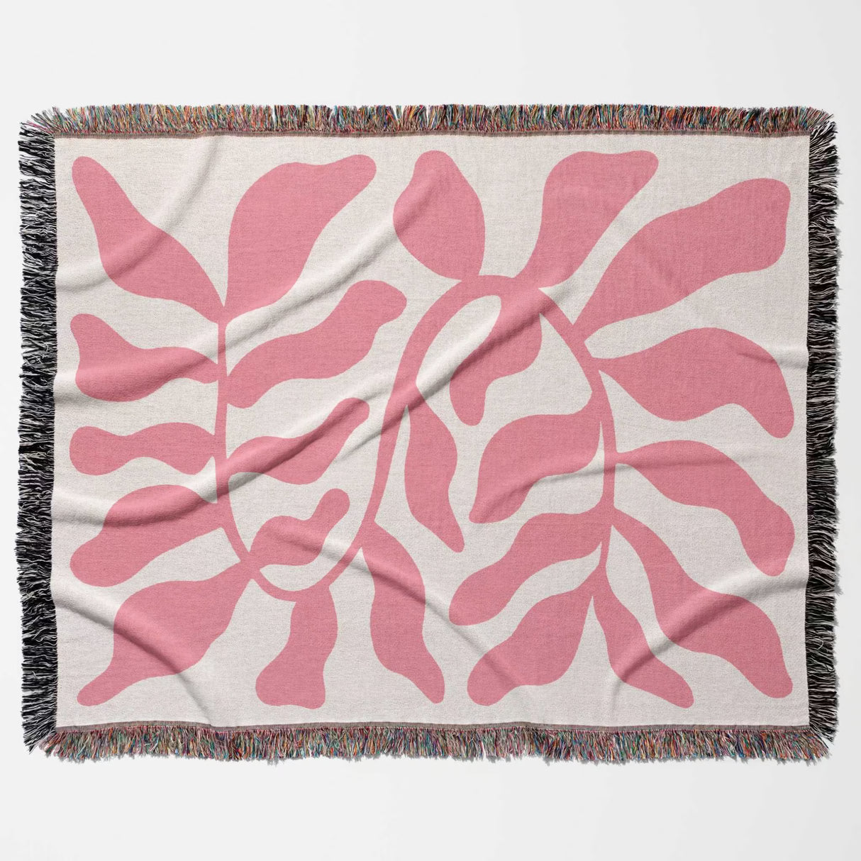 Lighter red leaf Matisse throw blanket flat lay on a white background