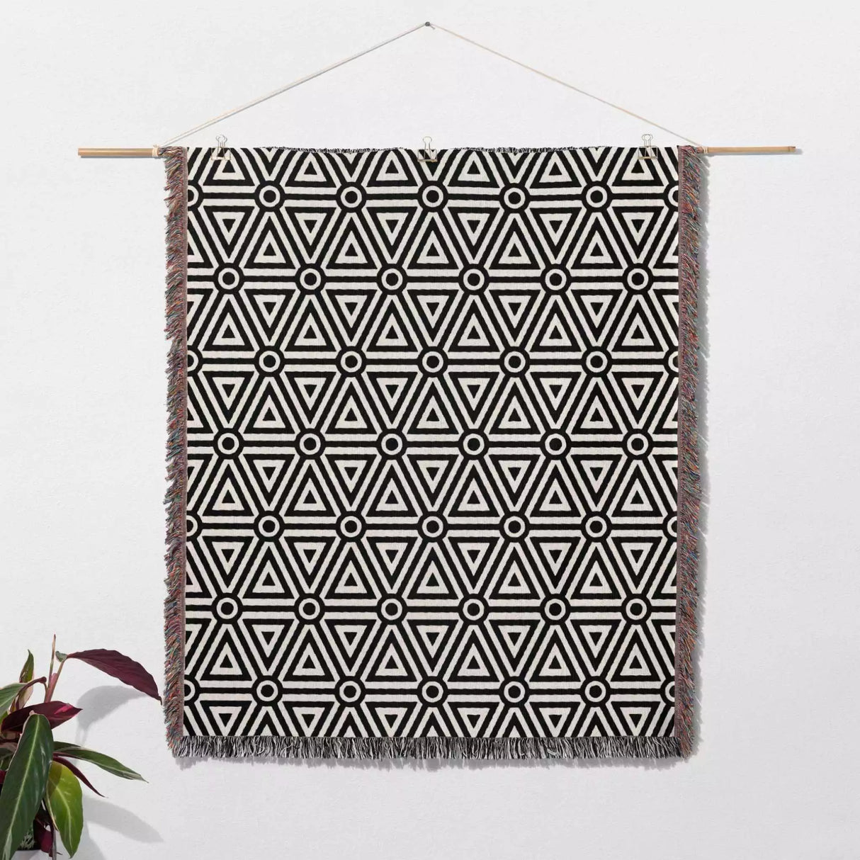 Luxe Triangle Geometric Pattern Black and White Monochrome Woven Throw Blanket and Tapestry - DesignerOllie.com