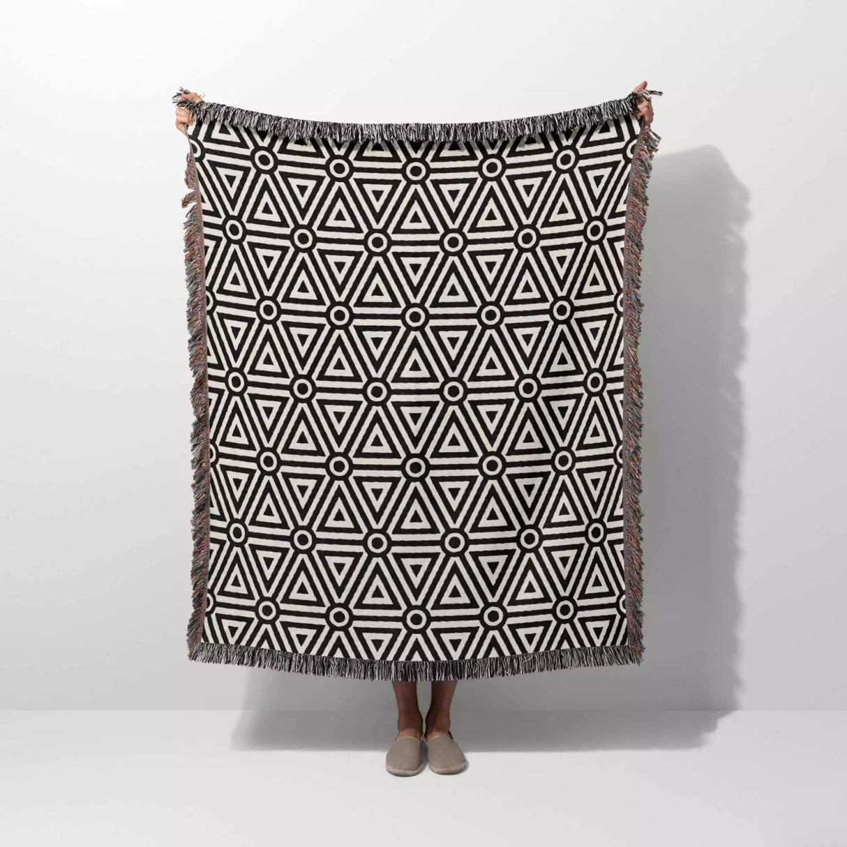 Luxe Triangle Geometric Pattern Black and White Monochrome Woven Throw Blanket and Tapestry - DesignerOllie.com