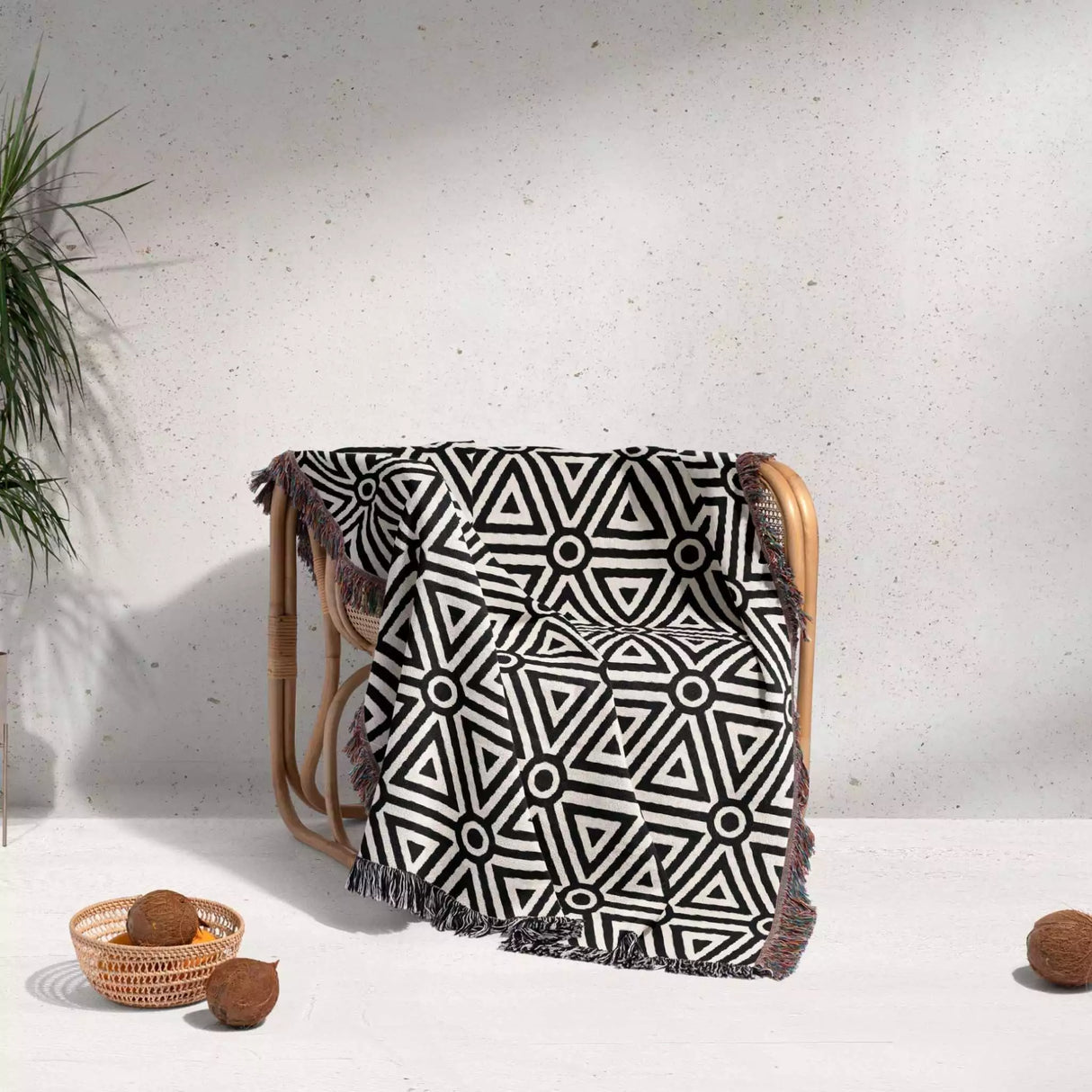 Luxe Triangle Geometric Pattern Black and White Monochrome Woven Throw Blanket and Tapestry - DesignerOllie.com