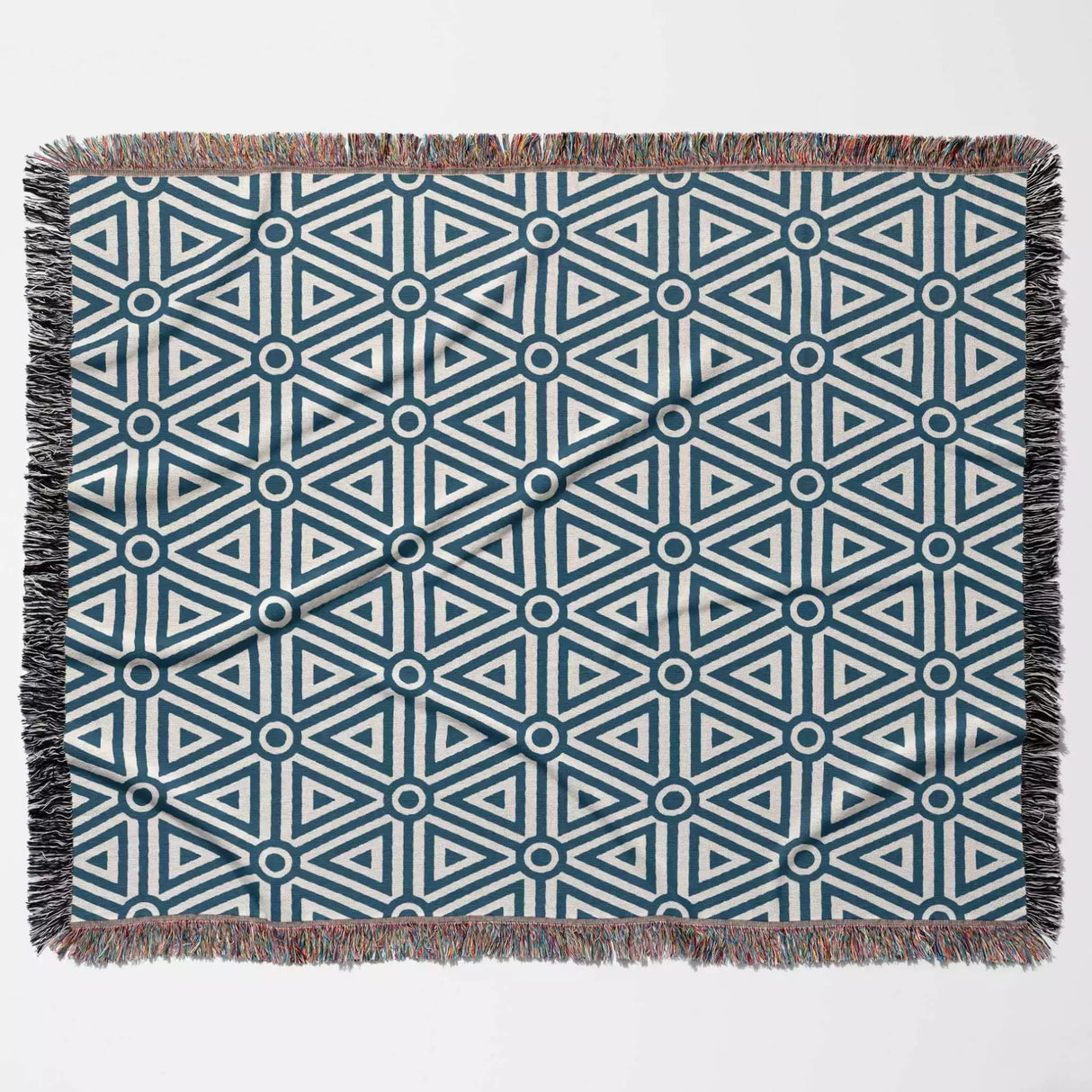 Luxe Triangle Geometric Pattern Blue Woven Throw Blanket and Tapestry - DesignerOllie.com