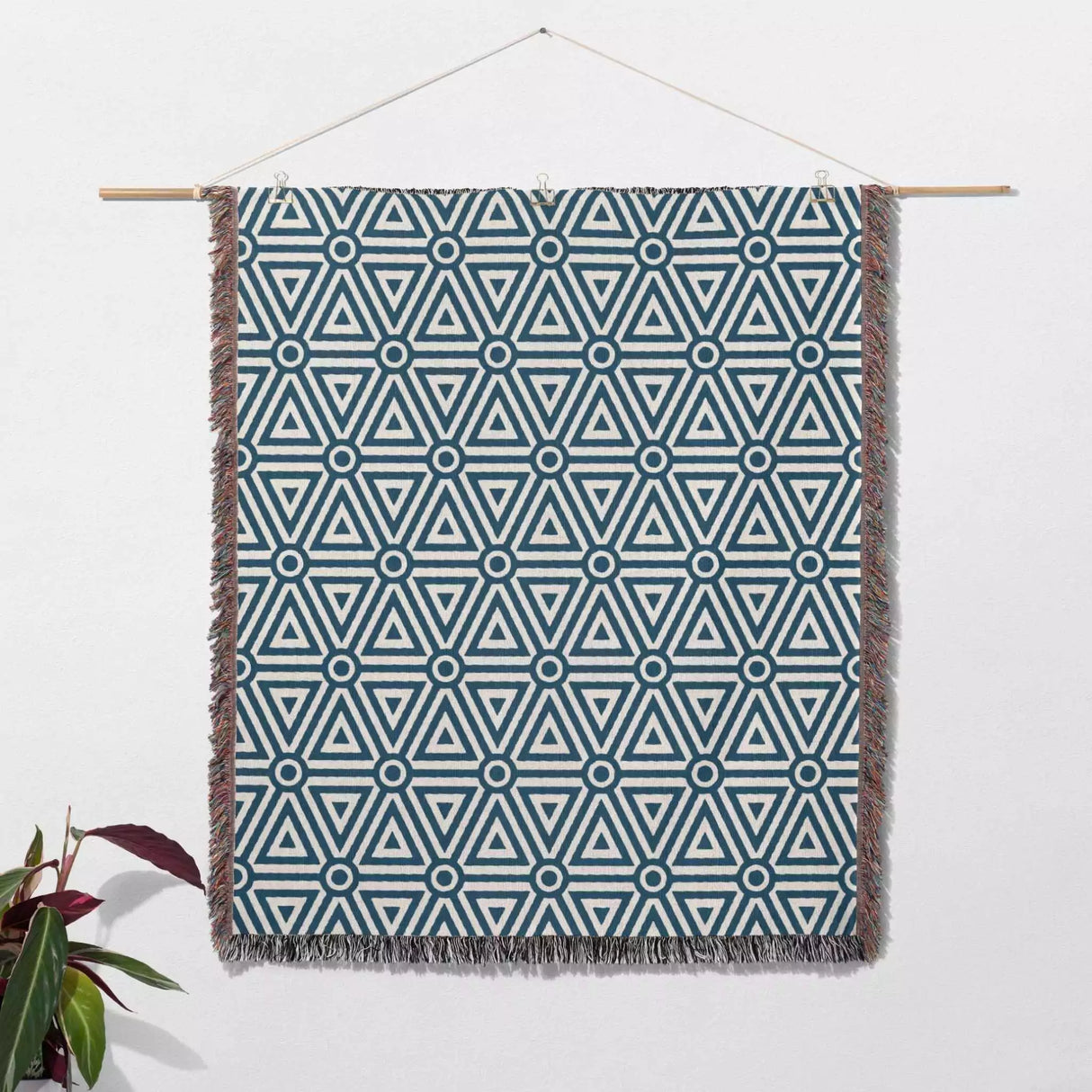 Luxe Triangle Geometric Pattern Blue Woven Throw Blanket and Tapestry - DesignerOllie.com