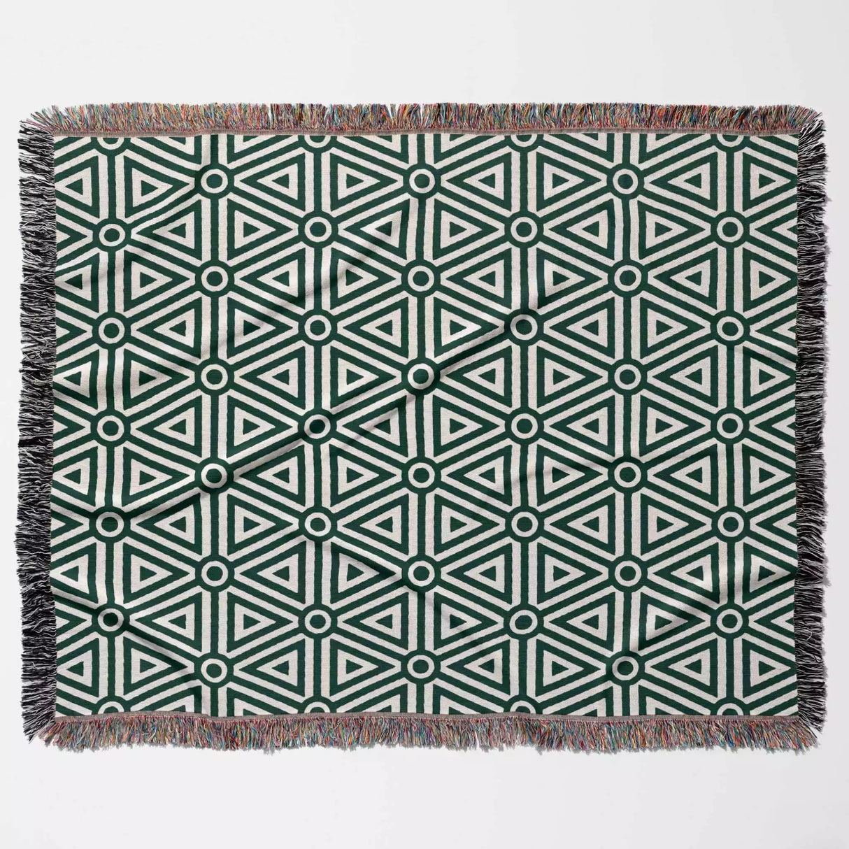 Luxe Triangle Geometric Pattern Forest Green Woven Throw Blanket and Tapestry - DesignerOllie.com