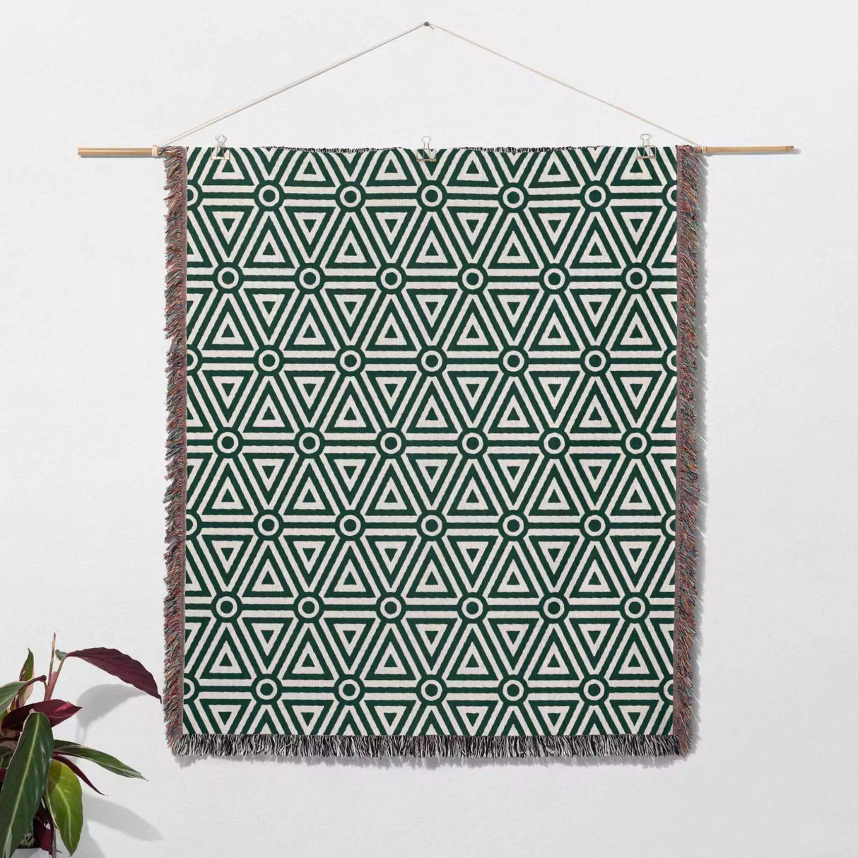 Luxe Triangle Geometric Pattern Forest Green Woven Throw Blanket and Tapestry - DesignerOllie.com
