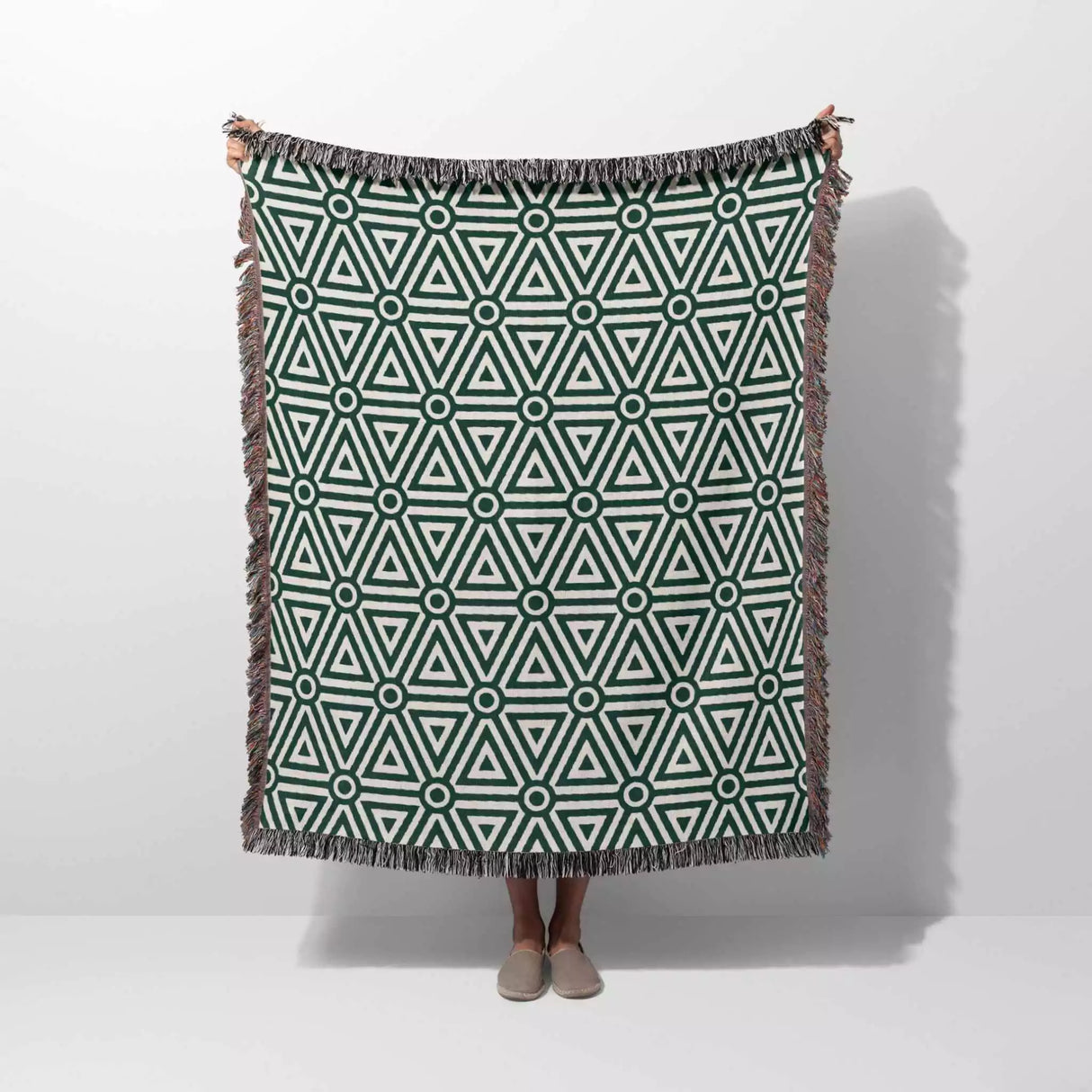 Luxe Triangle Geometric Pattern Forest Green Woven Throw Blanket and Tapestry - DesignerOllie.com