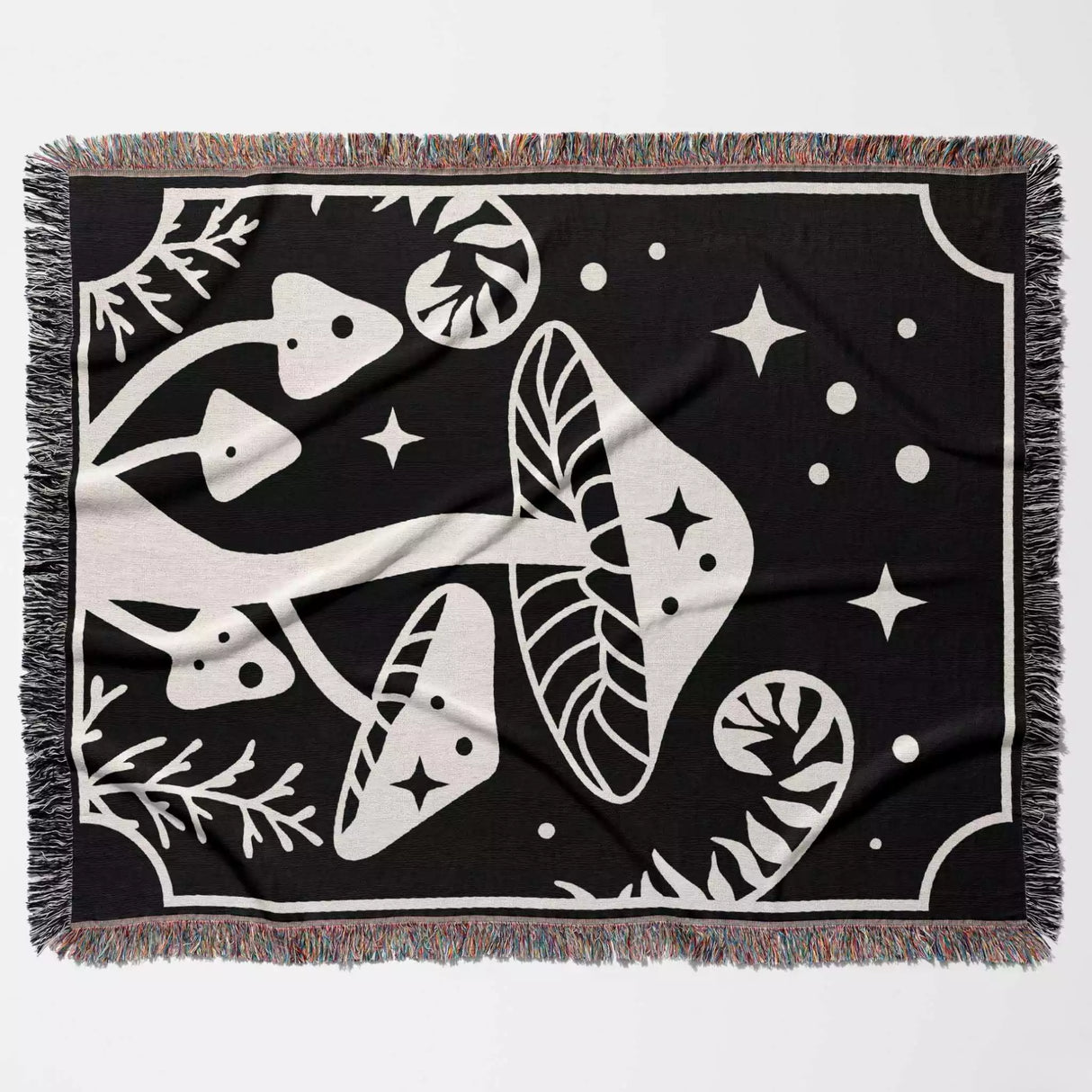 Magic Mushroom Black and White Monochrome Woven Throw Blanket and Tapestry - DesignerOllie.com