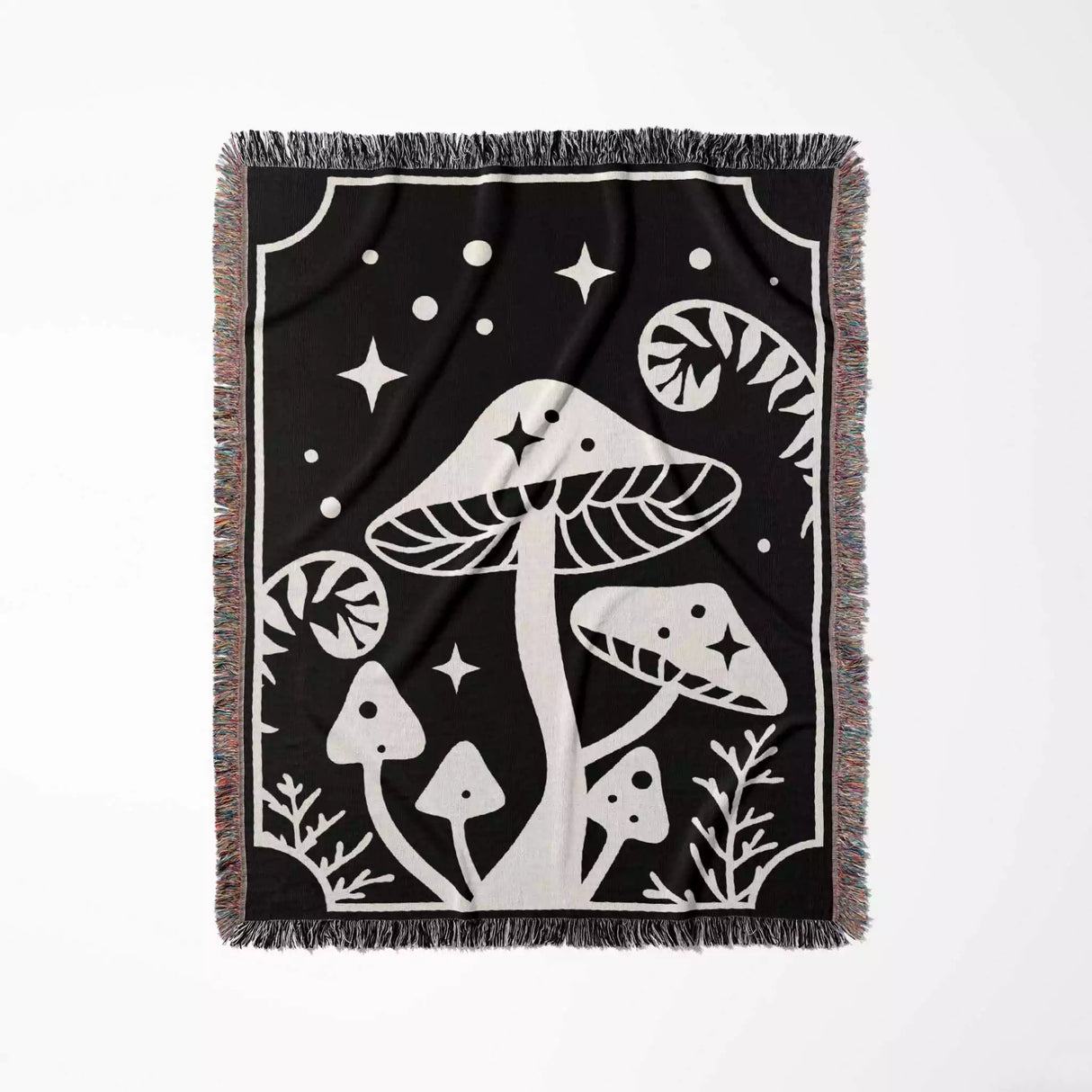 Magic Mushroom Black and White Monochrome Woven Throw Blanket and Tapestry - DesignerOllie.com