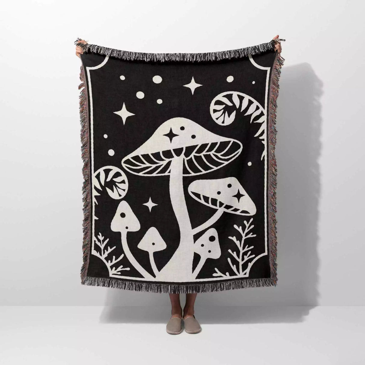 Magic Mushroom Black and White Monochrome Woven Throw Blanket and Tapestry - DesignerOllie.com