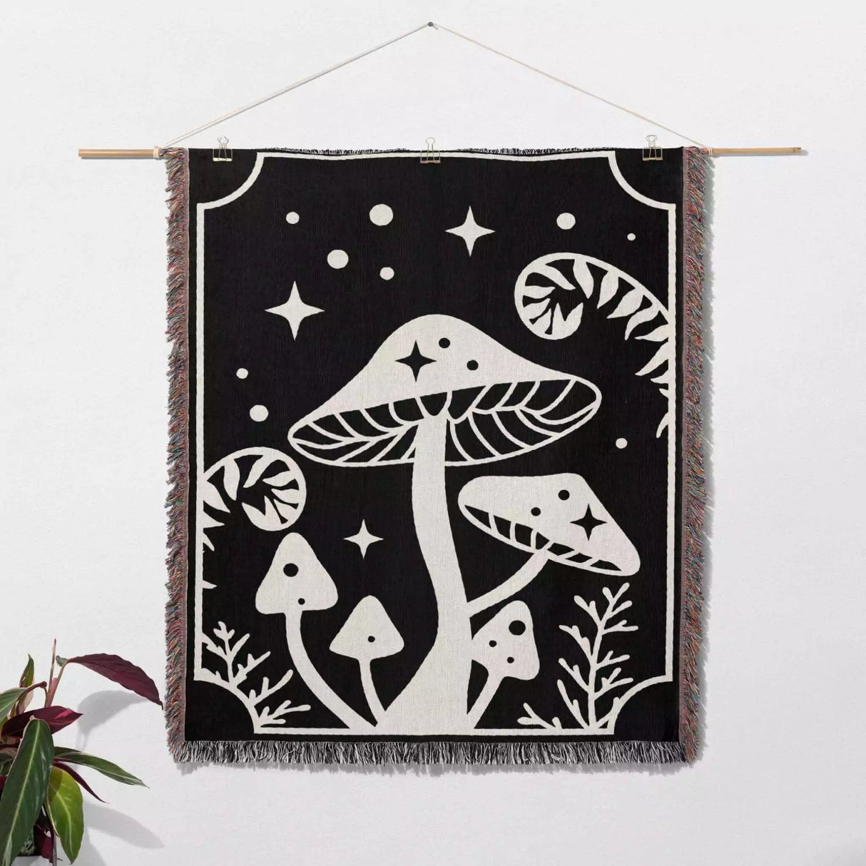 Magic Mushroom Black and White Monochrome Woven Throw Blanket and Tapestry - DesignerOllie.com