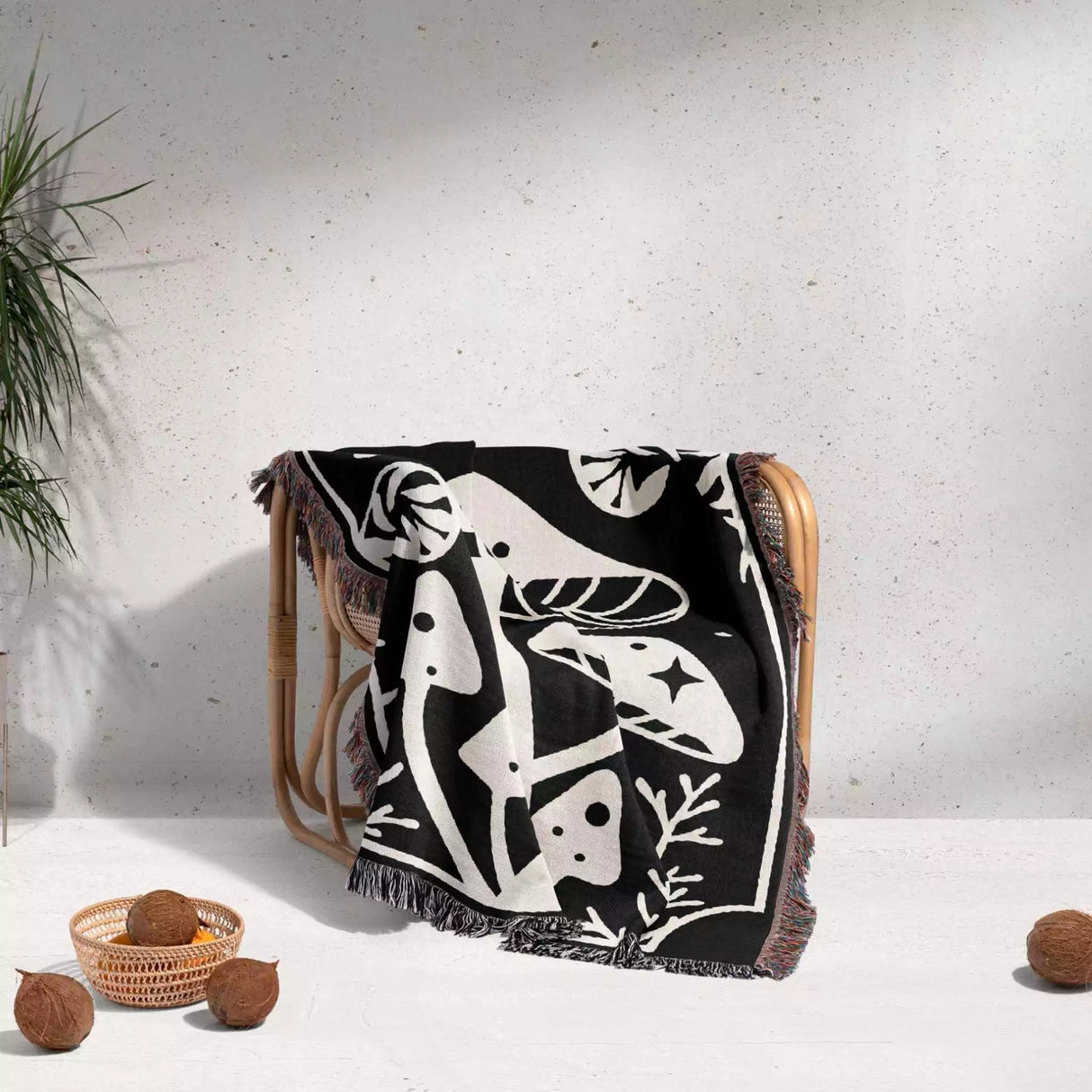 Magic Mushroom Black and White Monochrome Woven Throw Blanket and Tapestry - DesignerOllie.com