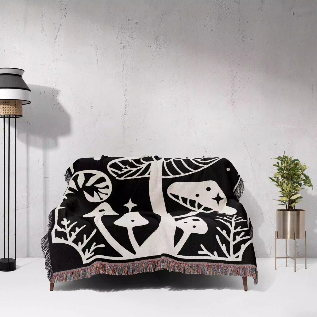 Magic Mushroom Black and White Monochrome Woven Throw Blanket and Tapestry - DesignerOllie.com