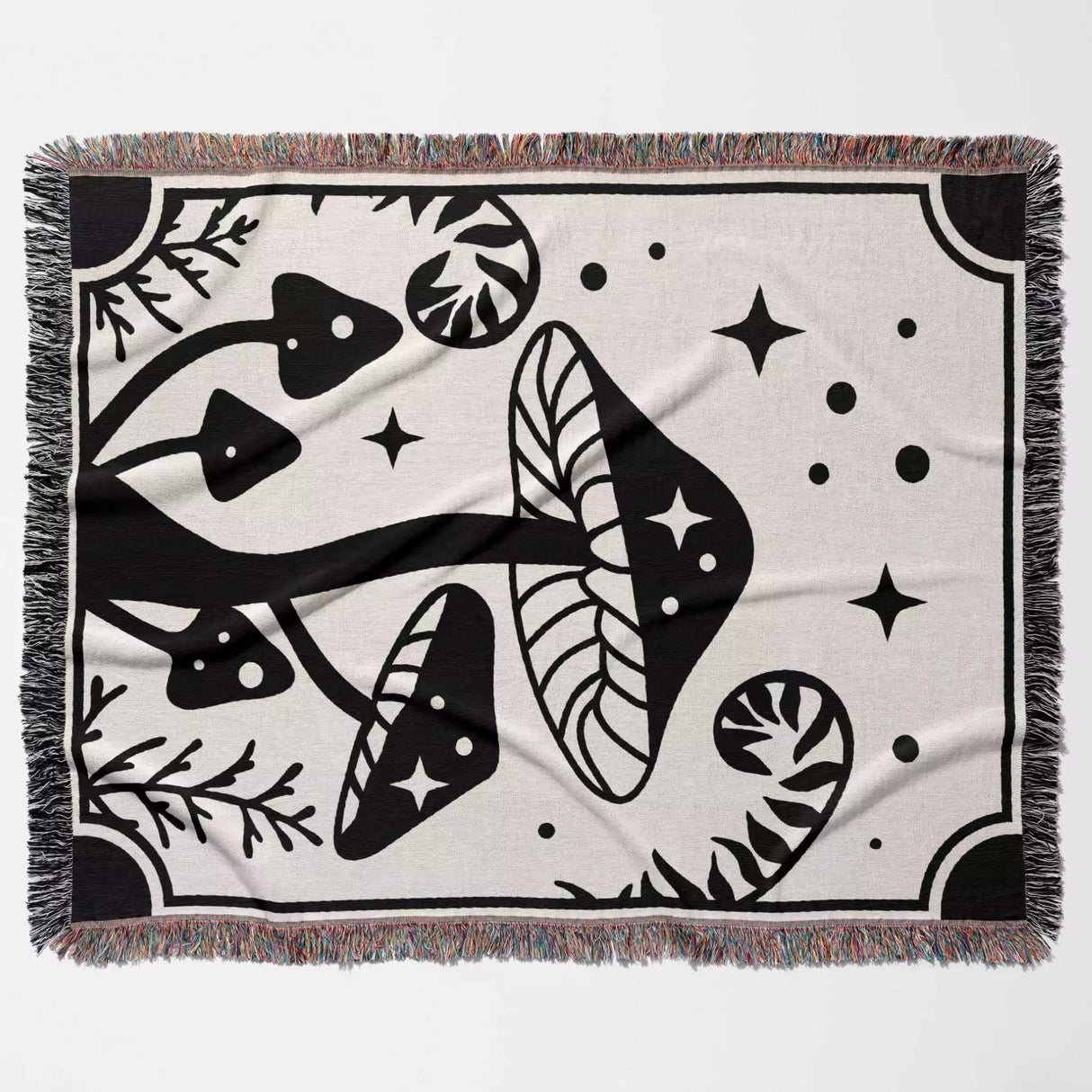 Magic Mushroom Black and White Woven Throw Blanket and Tapestry - DesignerOllie.com