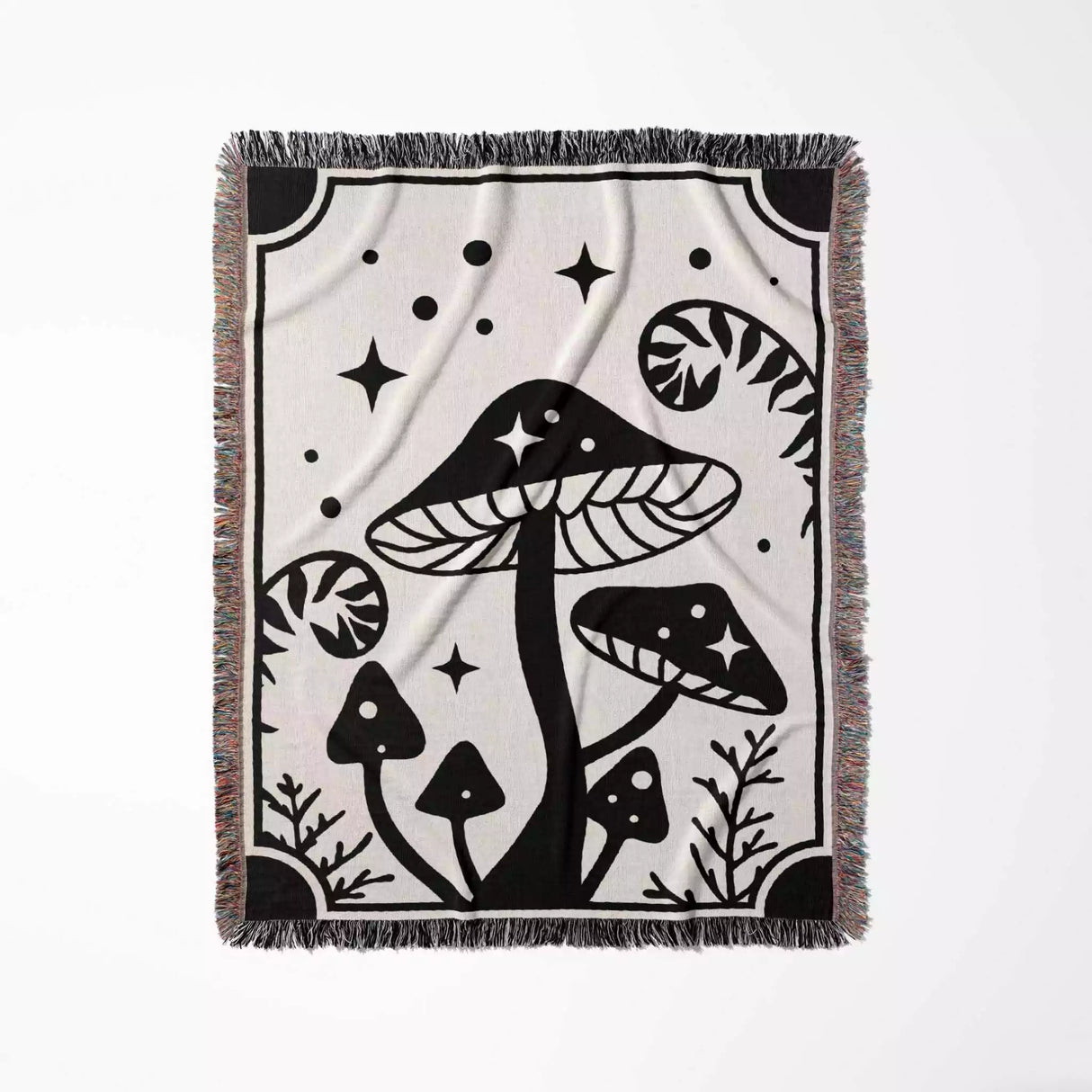 Magic Mushroom Black and White Woven Throw Blanket and Tapestry - DesignerOllie.com