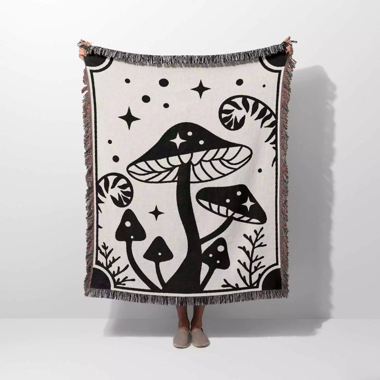 Magic Mushroom Black and White Woven Throw Blanket and Tapestry - DesignerOllie.com