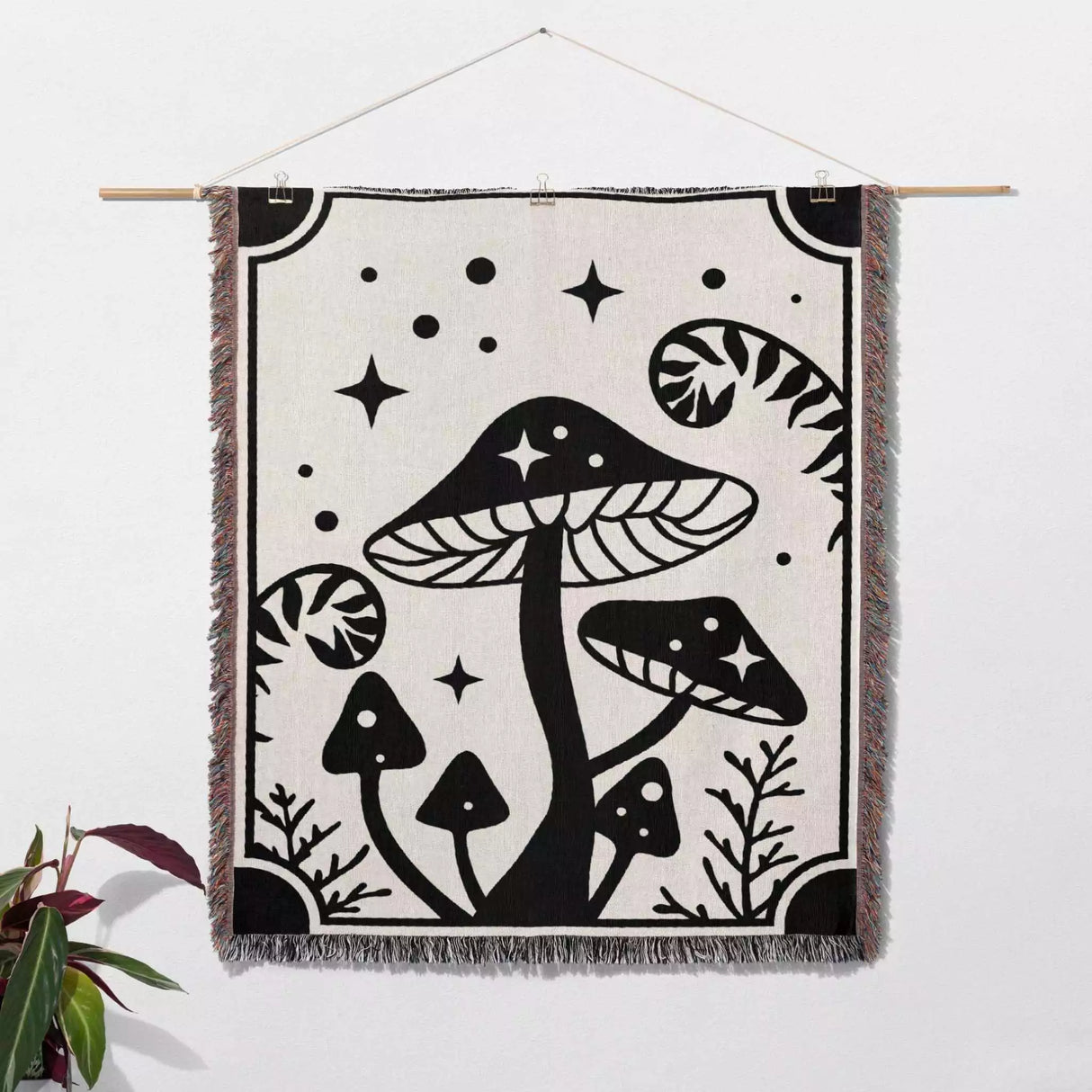 Magic Mushroom Black and White Woven Throw Blanket and Tapestry - DesignerOllie.com