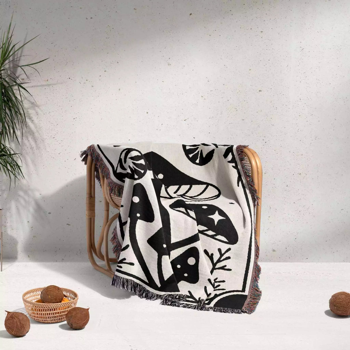 Magic Mushroom Black and White Woven Throw Blanket and Tapestry - DesignerOllie.com