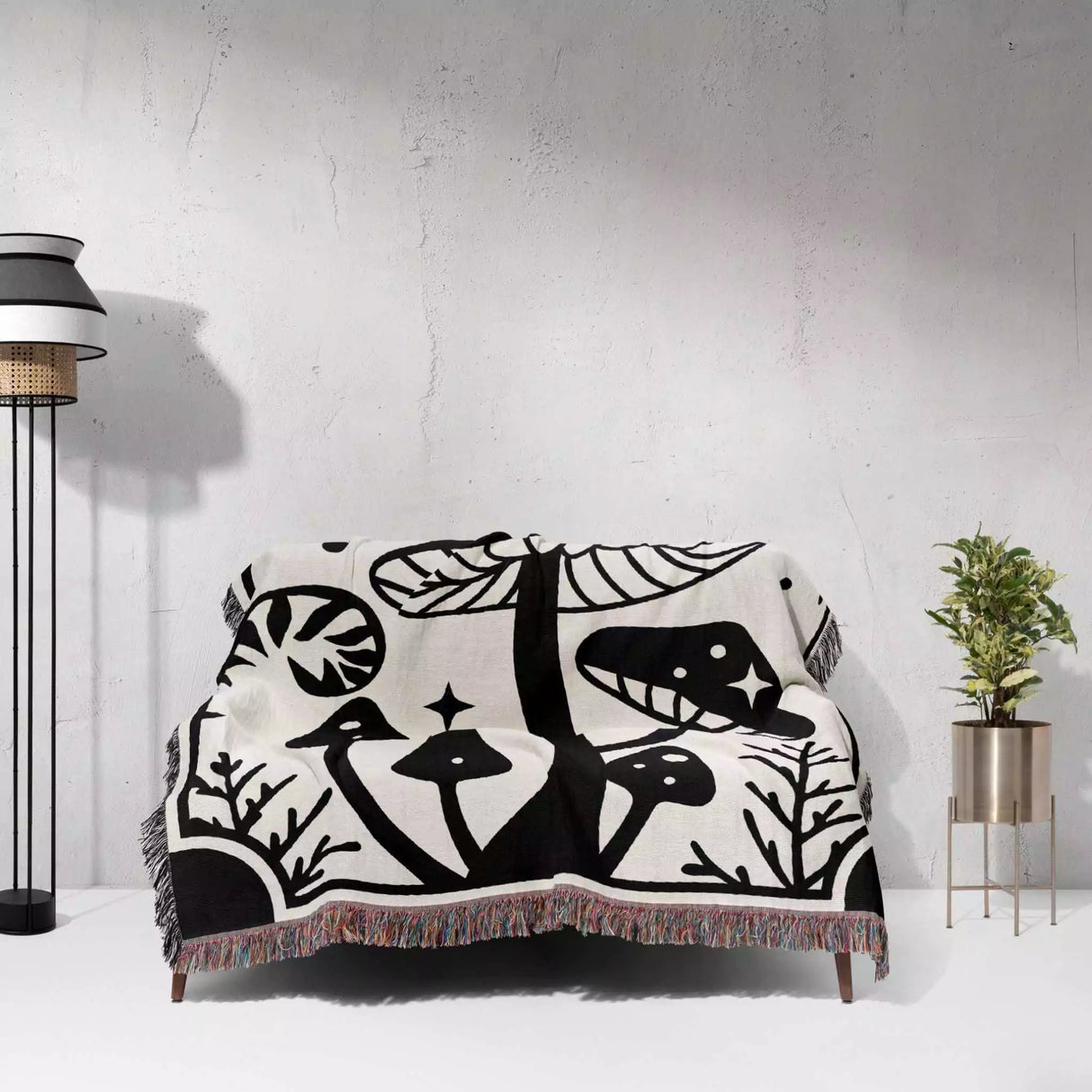 Magic Mushroom Black and White Woven Throw Blanket and Tapestry - DesignerOllie.com