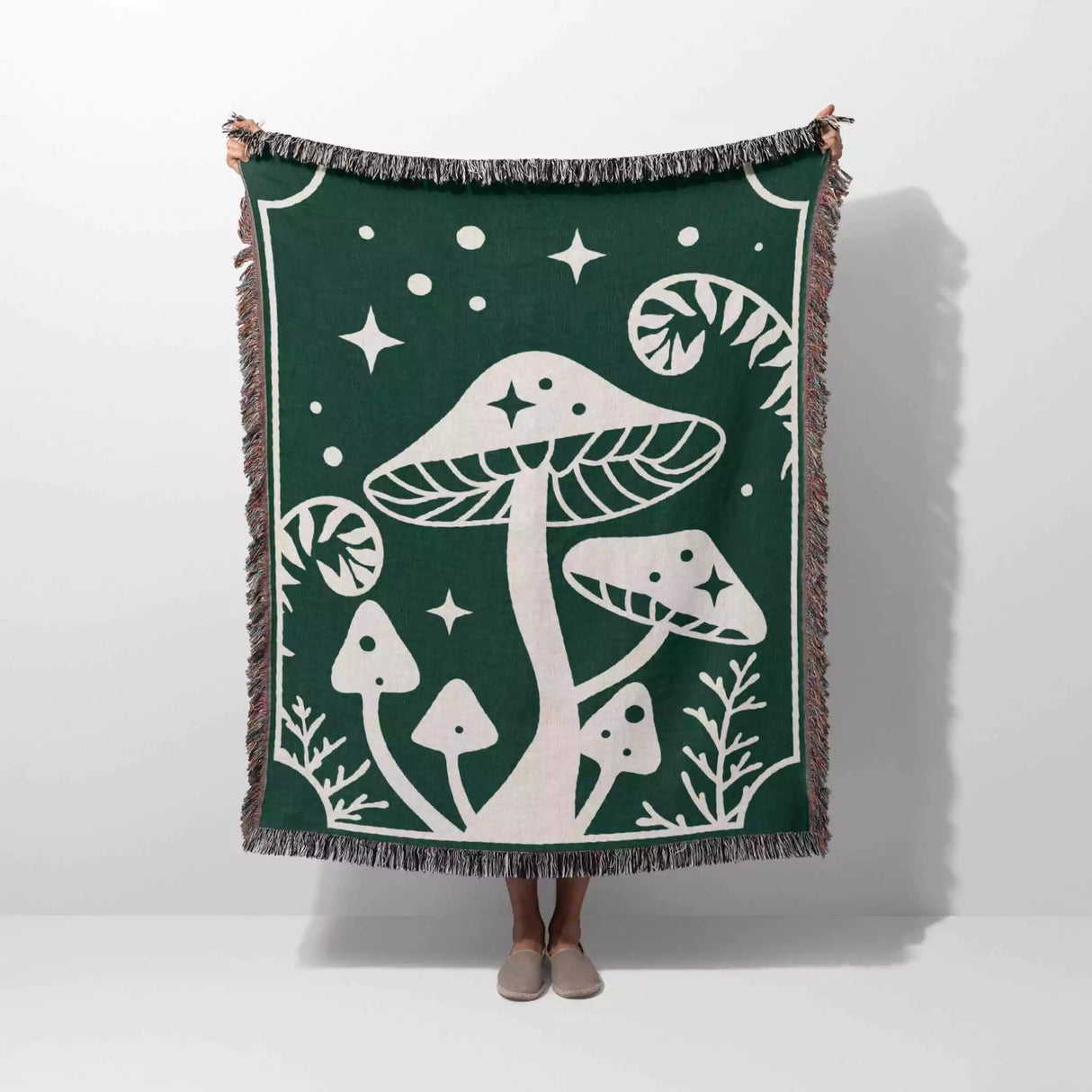 Magic Mushroom Forest Green Woven Throw Blanket - DesignerOllie.com