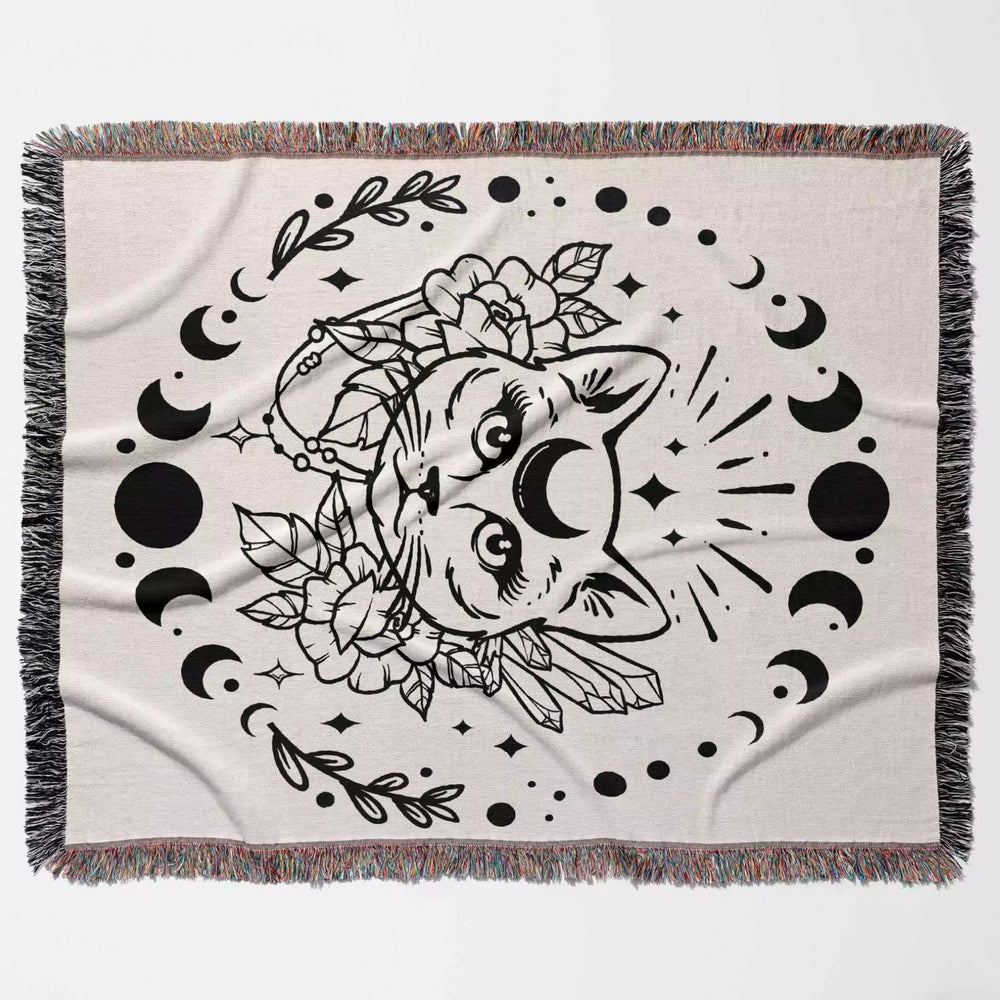 Magic and Celestial Cat with Moon Phases Woven Throw Blanket - DesignerOllie.com