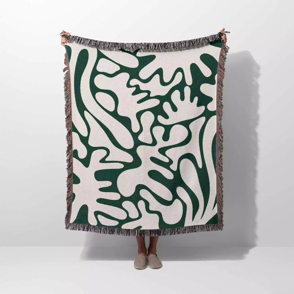 Matisse Forest Green Coral Woven Throw Blanket and Tapestry - DesignerOllie.com