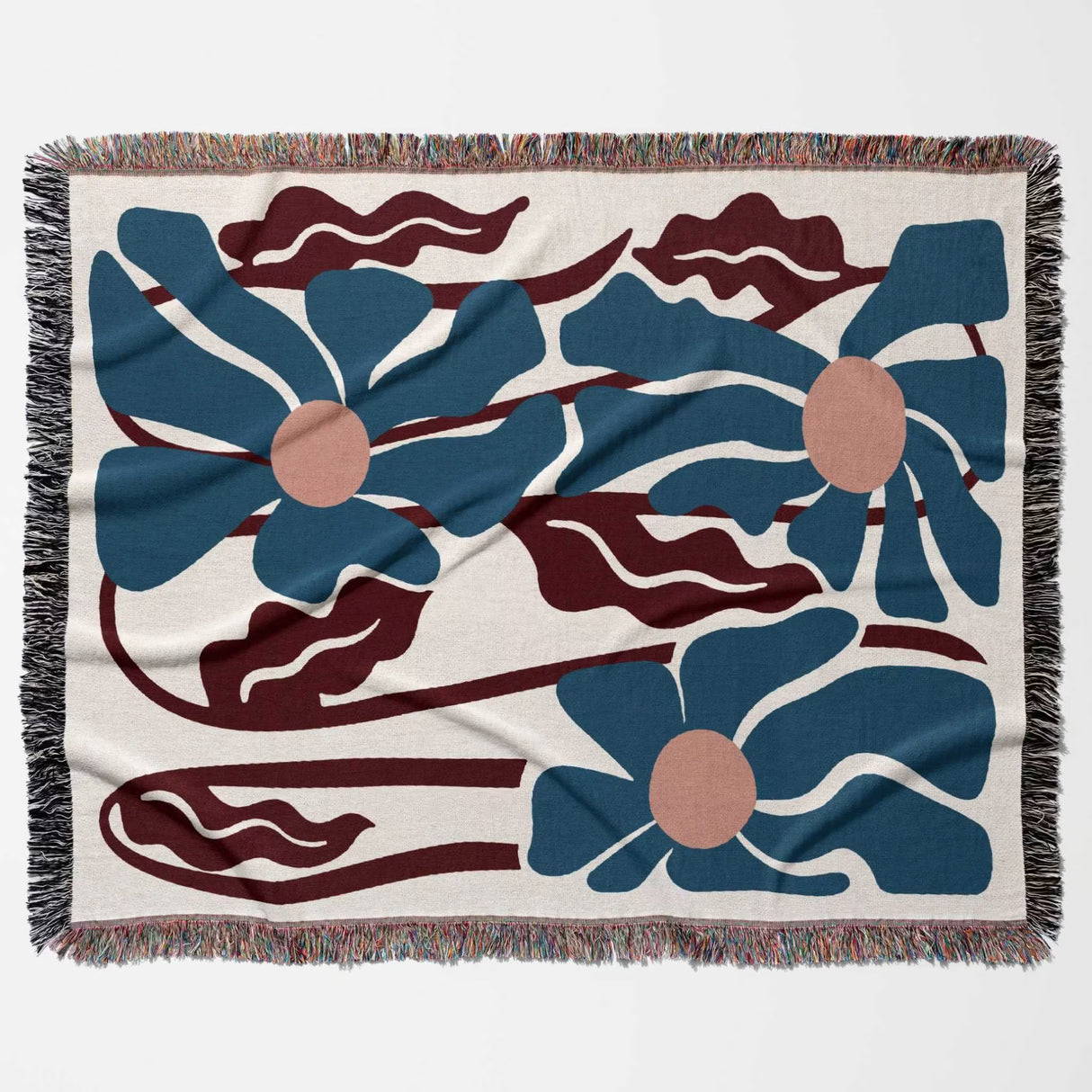 Matisse inspired blue and red tapestry throw blanket for couch horizontally flat on a white background