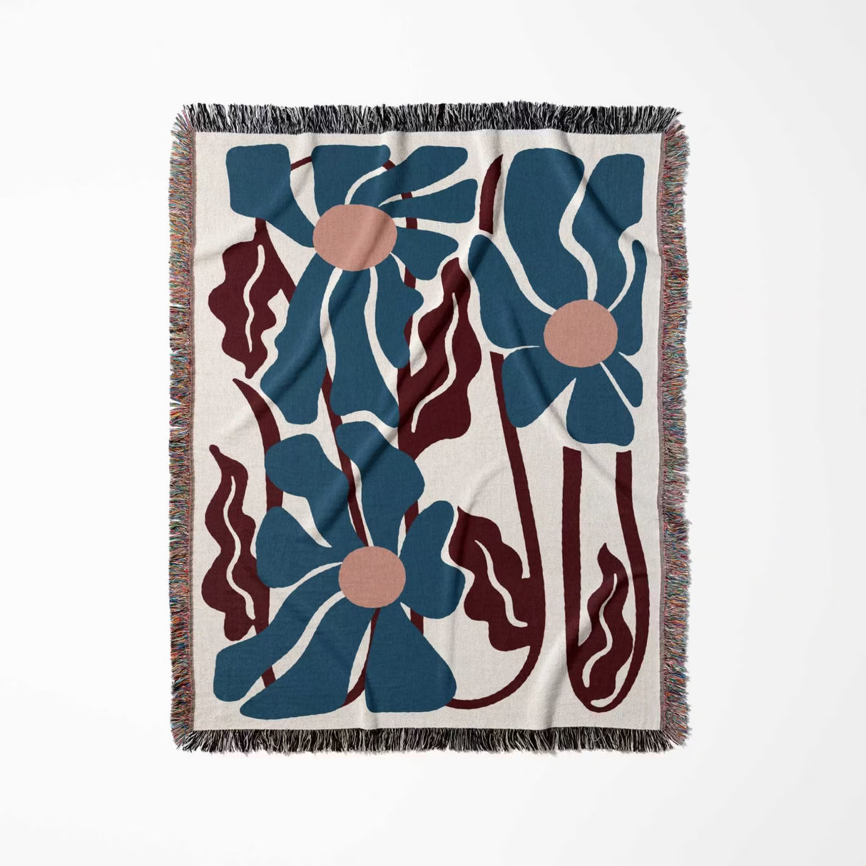 Matisse inspired blue and red tapestry throw blanket for couch vertically flat on a white background