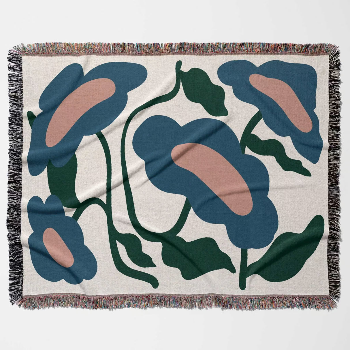 Floral patterned Matisse style flowers cotton woven throw blanket with blue and green flowers on a beige background