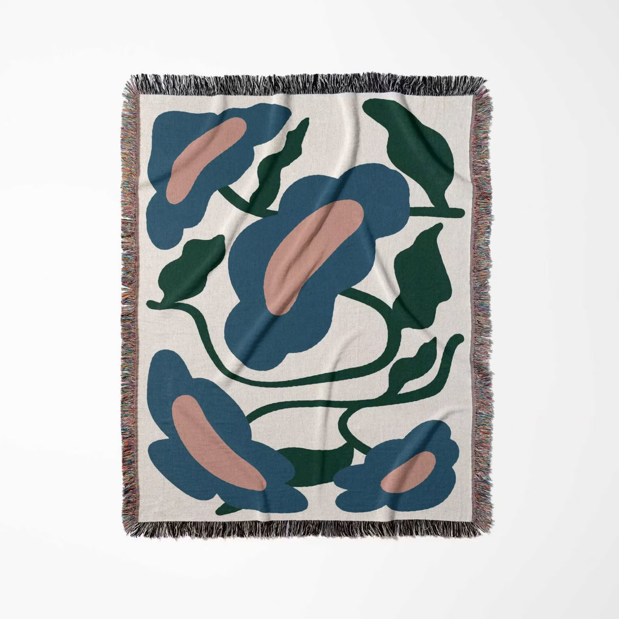 Floral patterned Matisse style flowers cotton woven throw blanket with blue and green flowers on a white background