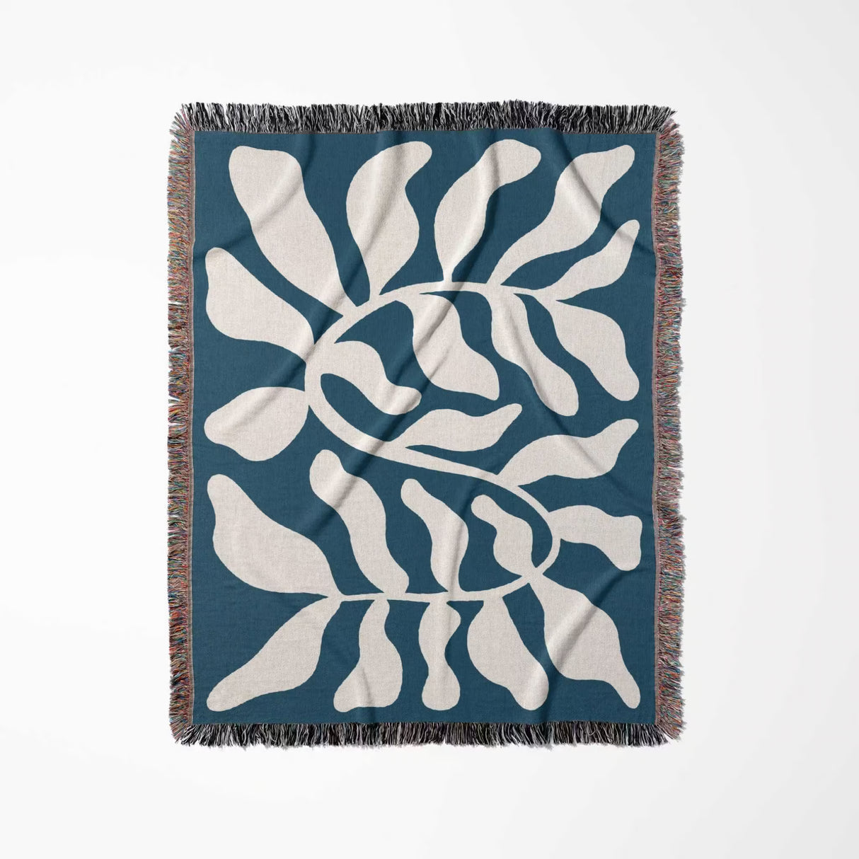 Blue leaf abstract woven Matisse trow blanket tapestry full view on a blue background