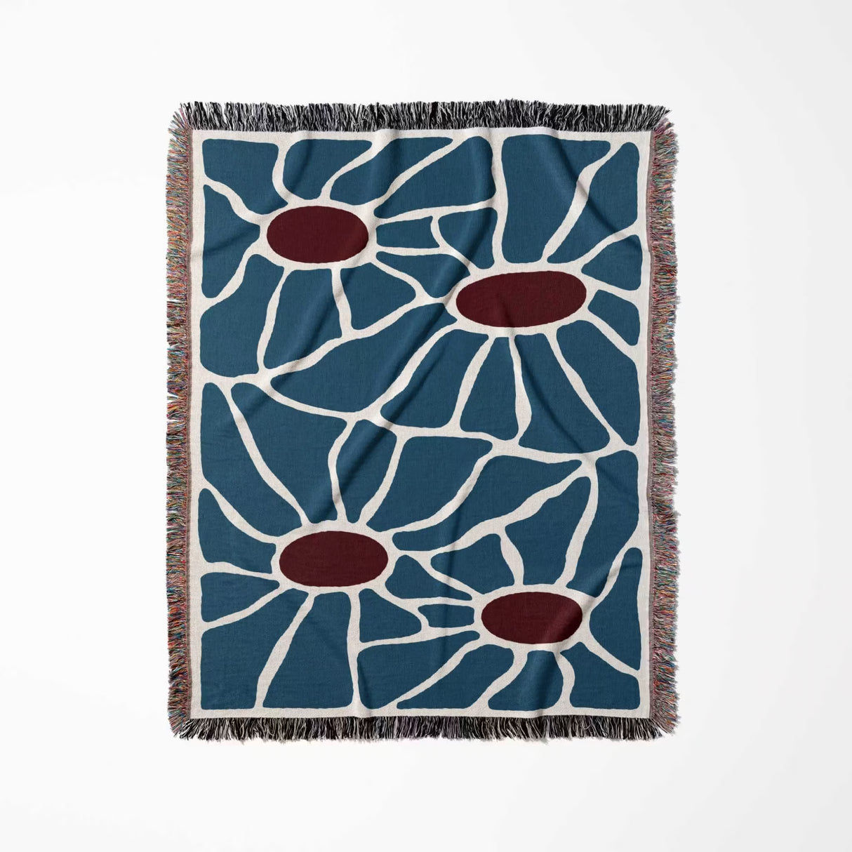 Maximalist Matisse inspired tapestry throw blanket for couch vertically flat on a white background