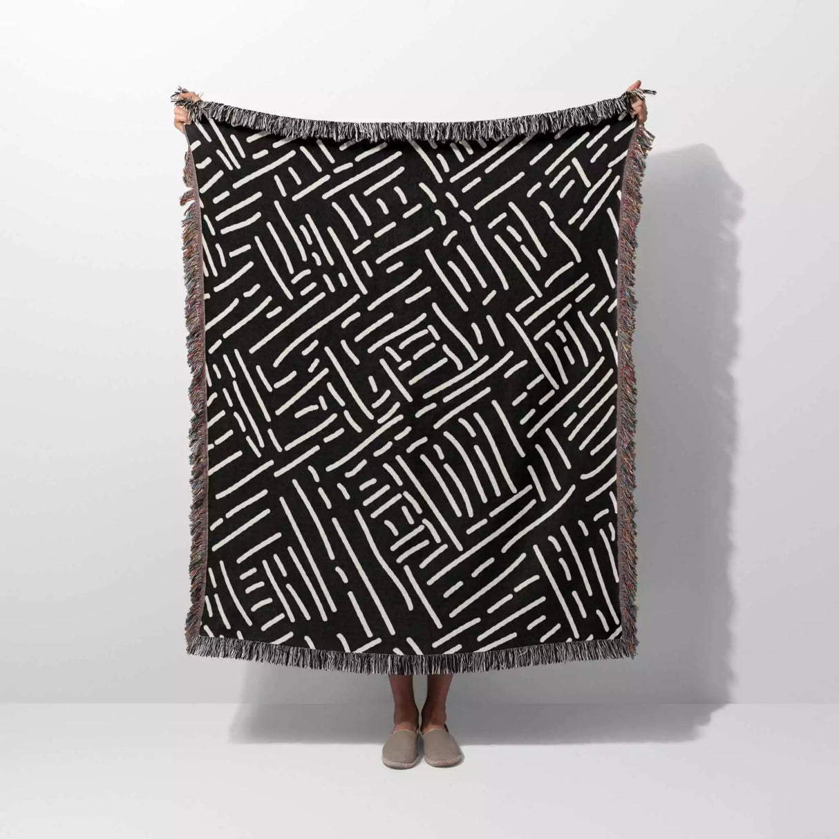 Modern Boho Black and White Monochrome Woven Throw Blanket and Tapestry - DesignerOllie.com