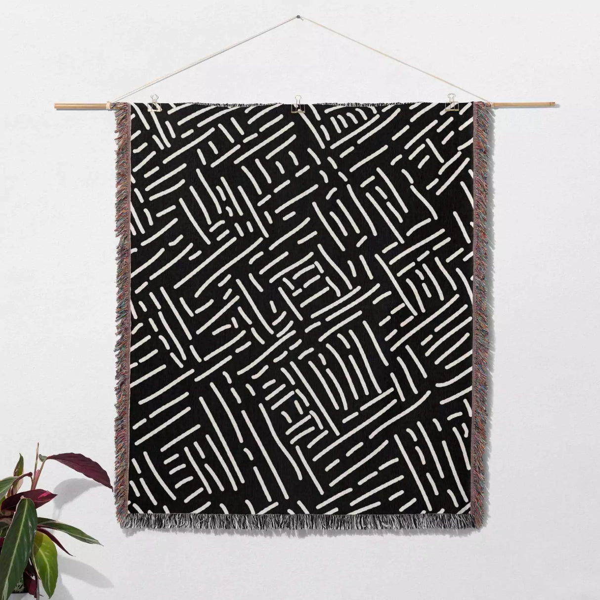 Modern Boho Black and White Monochrome Woven Throw Blanket and Tapestry - DesignerOllie.com