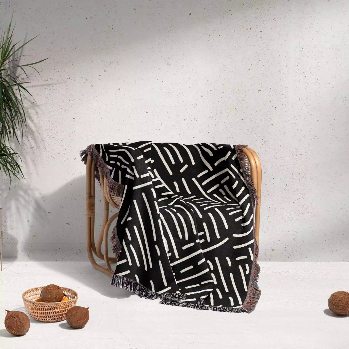 Modern Boho Black and White Monochrome Woven Throw Blanket and Tapestry - DesignerOllie.com