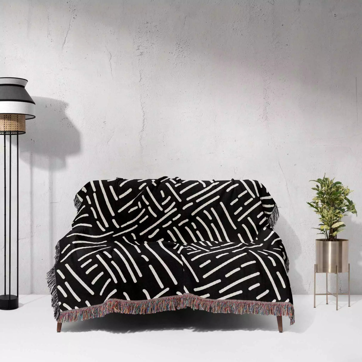 Modern Boho Black and White Monochrome Woven Throw Blanket and Tapestry - DesignerOllie.com