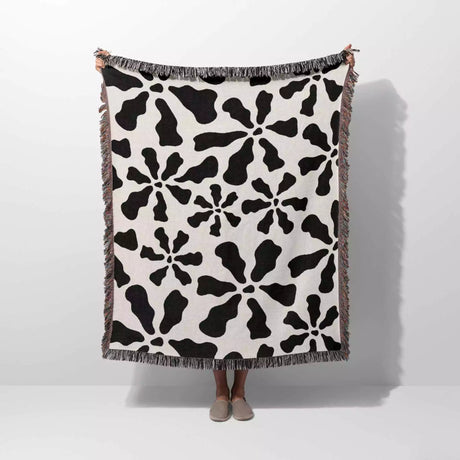Modern Retro Groovy Black and White Woven Throw Blanket and Tapestry - DesignerOllie.com
