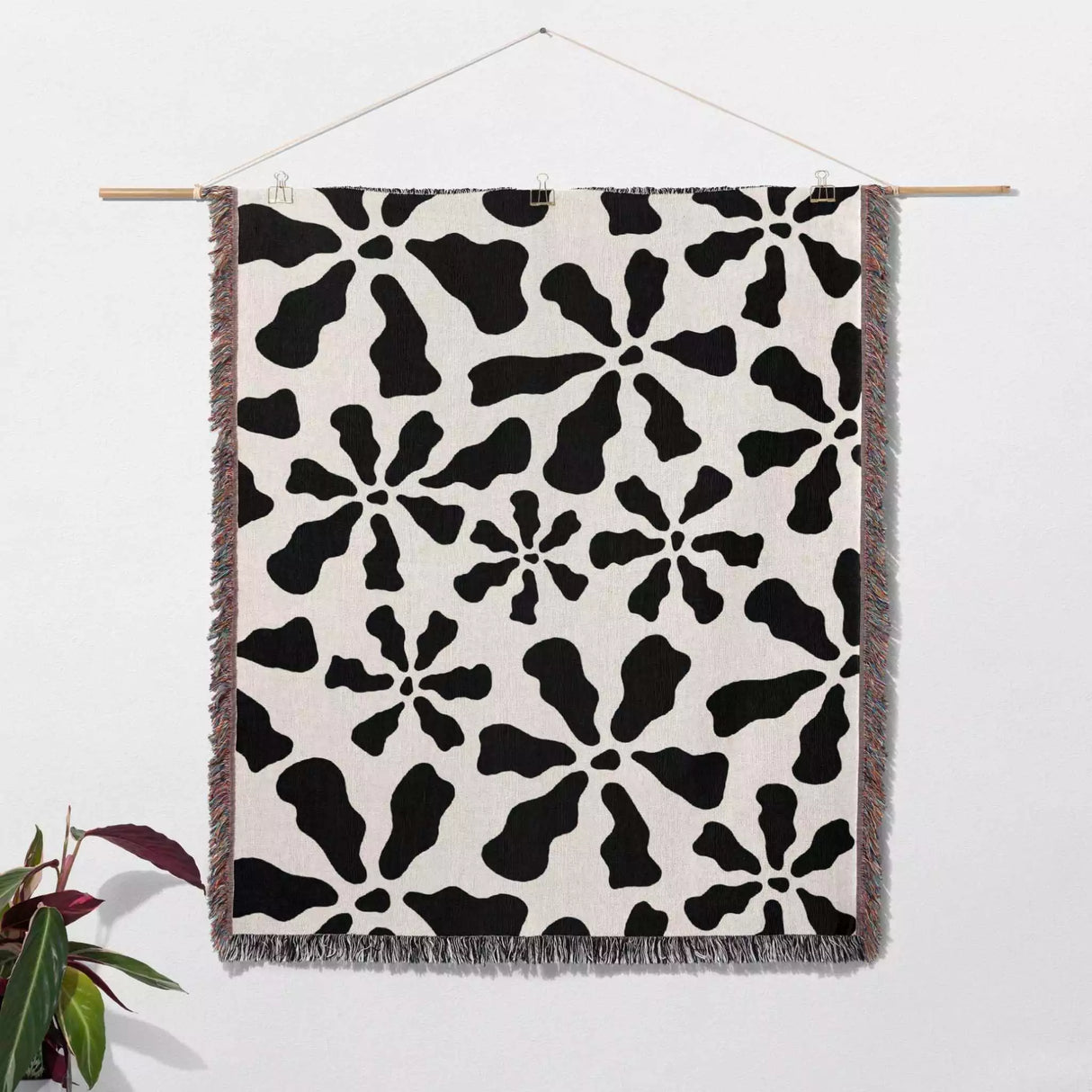 Modern Retro Groovy Black and White Woven Throw Blanket and Tapestry - DesignerOllie.com