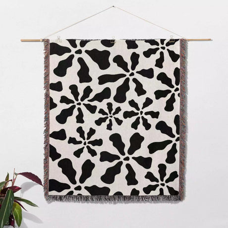 Modern Retro Groovy Black and White Woven Throw Blanket and Tapestry - DesignerOllie.com