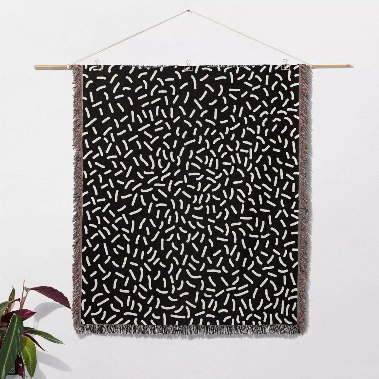Modern Squiggly Black and White Monochrome Woven Throw Blanket and Tapestry - DesignerOllie.com