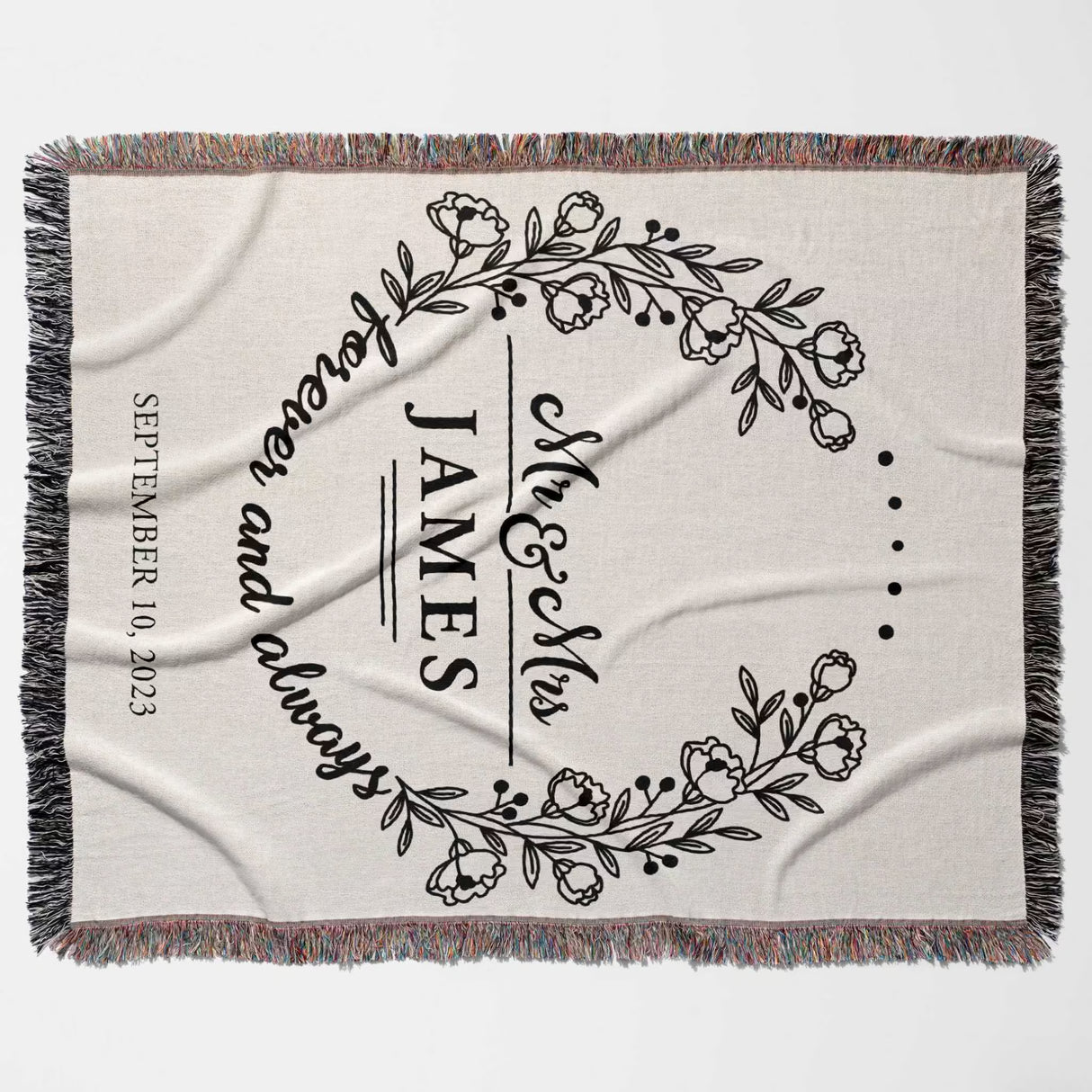 Mr and Mrs cotton wedding anniversary gift woven blanket flat lay with floral design and text 'Mr & Mrs Forever and always' on a white background