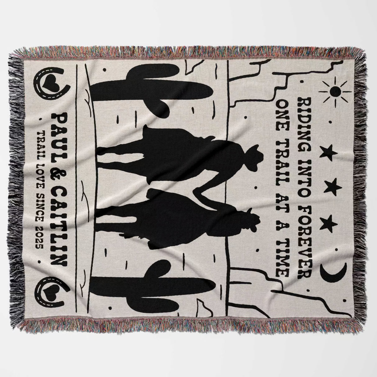 Personalized cowboy and cowgirl cotton anniversary gift woven throw blanket lat lay with cowboy design and text on a white background