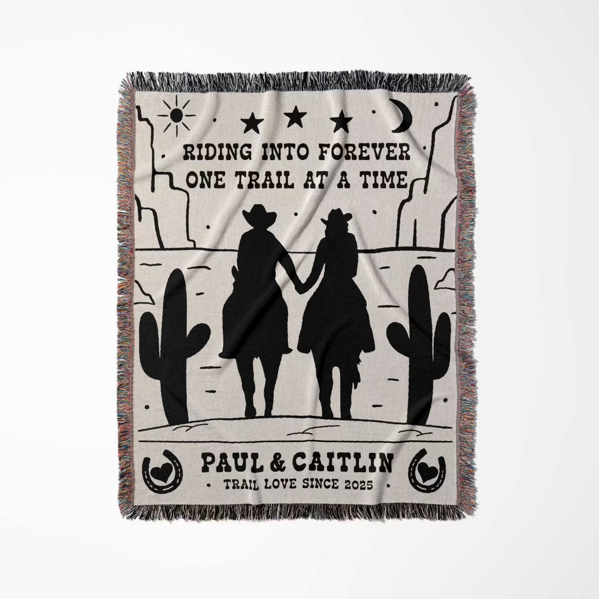 Personalized cowboy and cowgirl cotton anniversary gift woven throw blanket full view with cowboy design and text on a white background