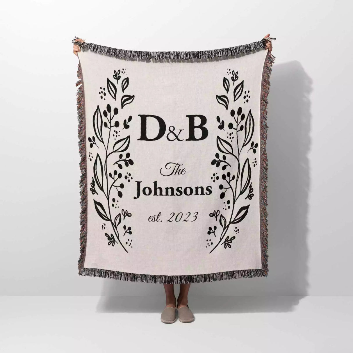 Personalized gift for couple unique cotton anniversary gift woven blanket held by a person on a white background