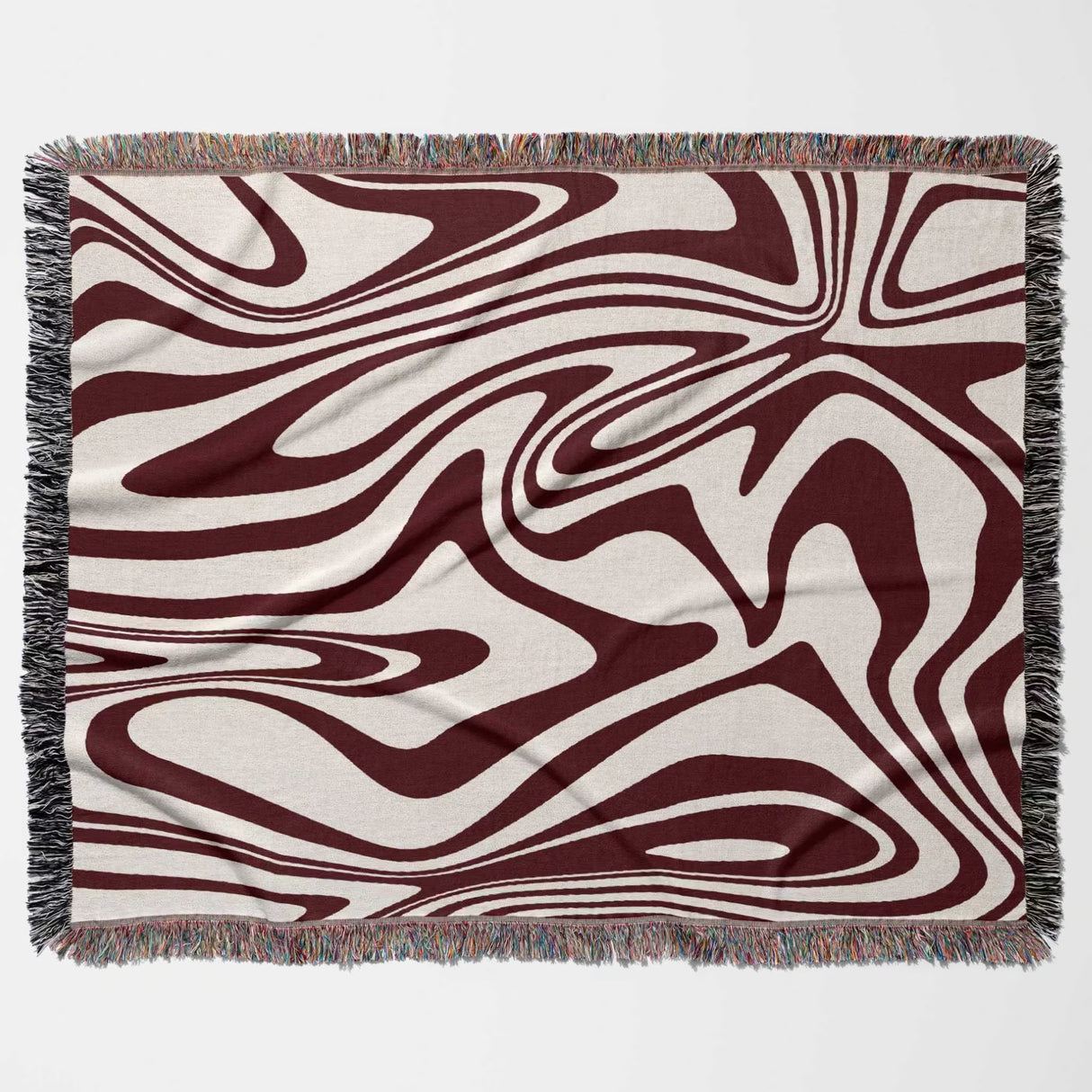 Red marble woven throw blanket for couch with an abstract pattern on a white background