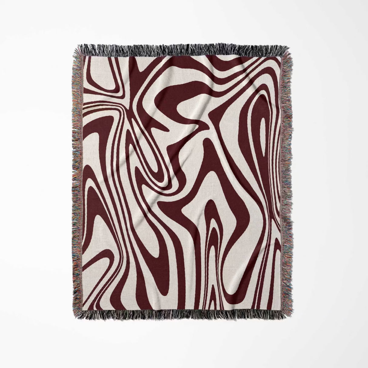 Red marble woven throw blanket for couch on a light gray background